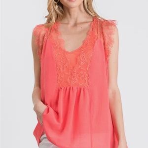 Twenty Vibrant Coral Lace Sleeveless Top